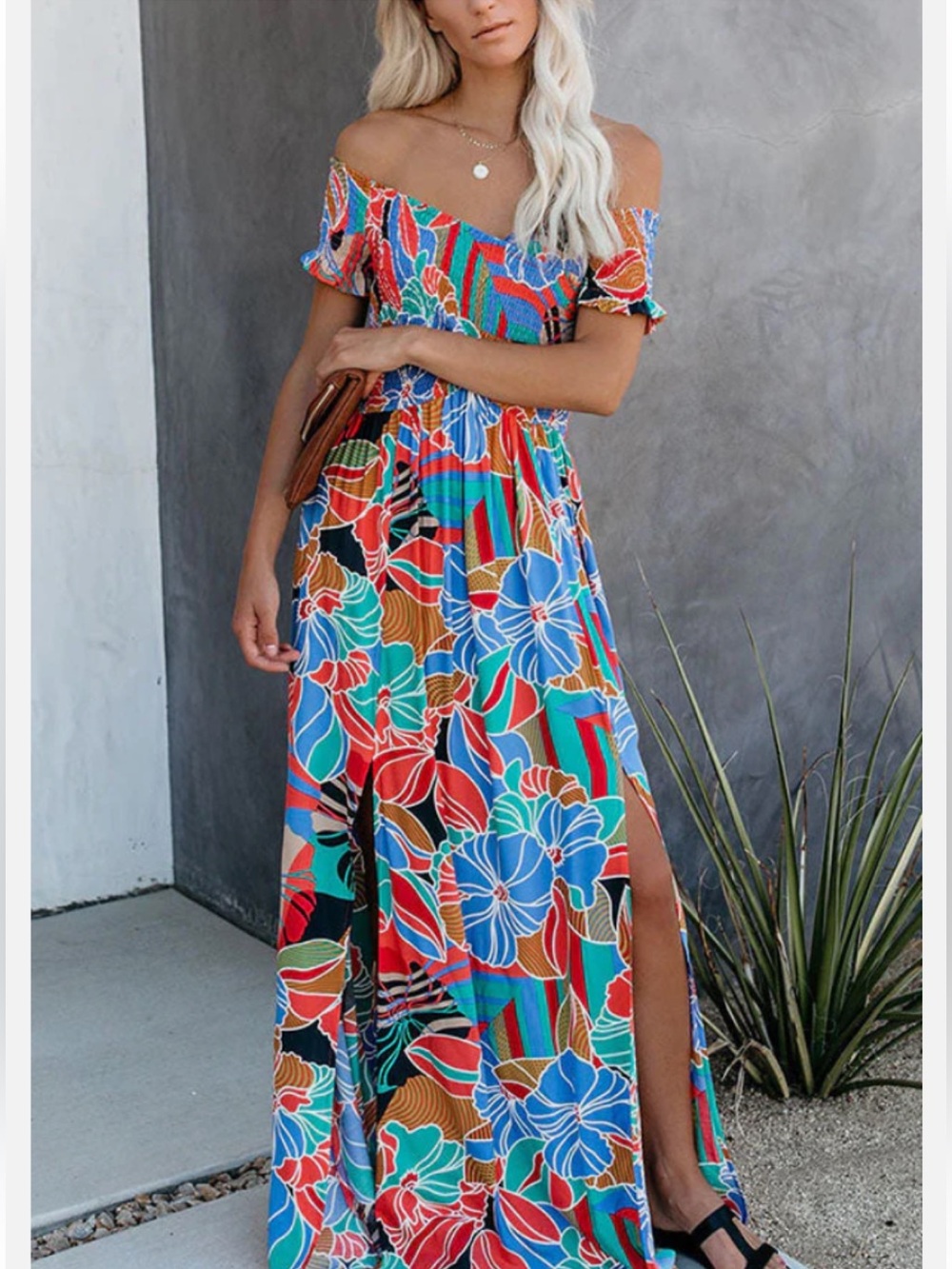 Aakaa Tropical Print Smocked Maxi Dress, VICI